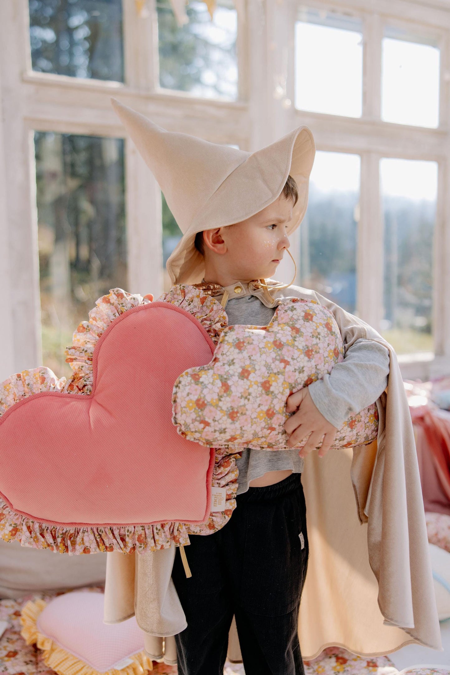"Spring Garden" Heart Pillow with Checkered Frill