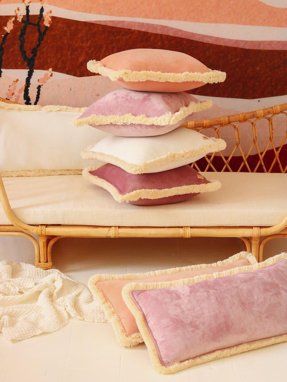 "Light pink" soft velvet bolster with fringe - Moi Mili