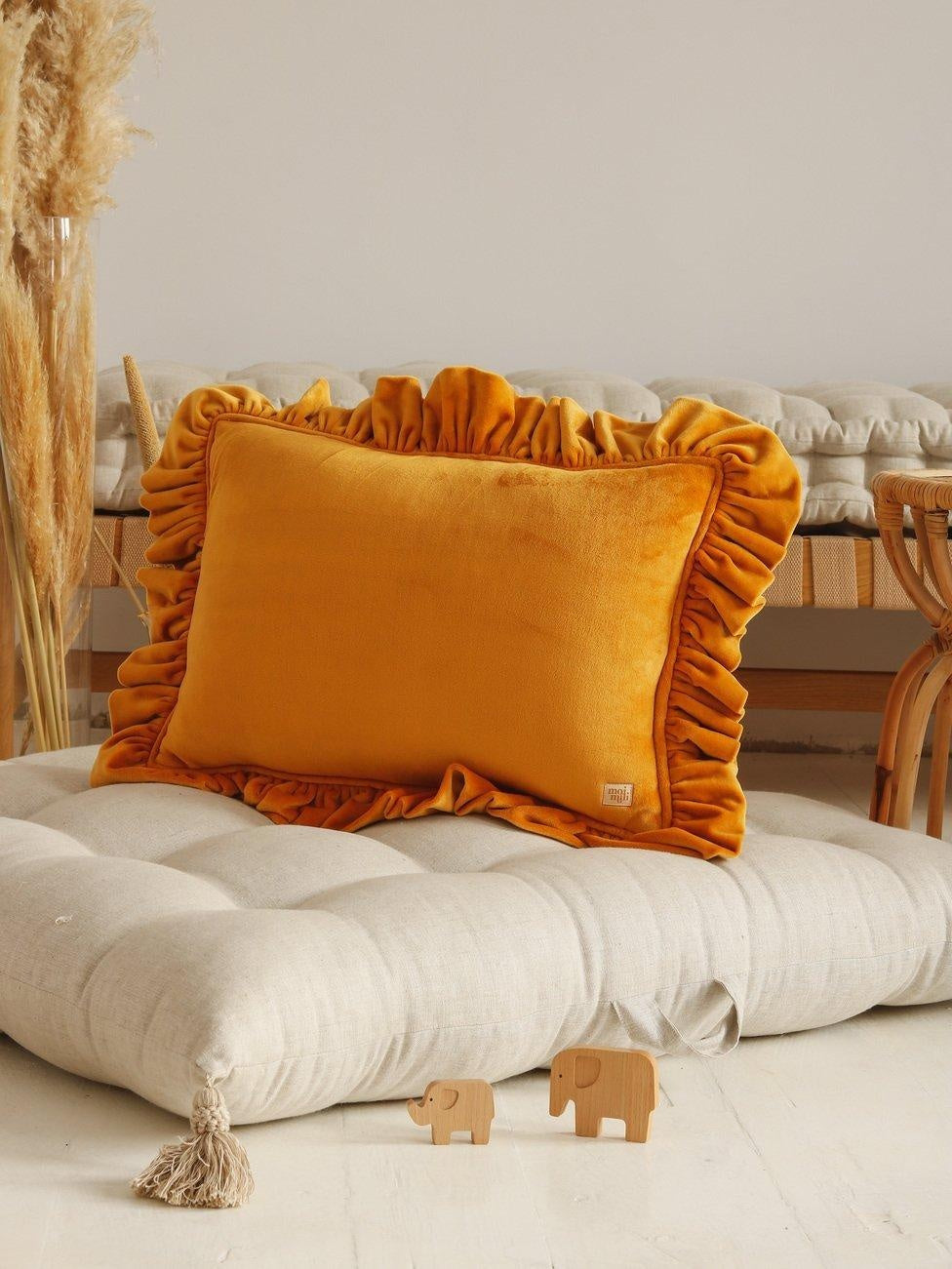 Mustard Soft Velvet Pillow with Frill