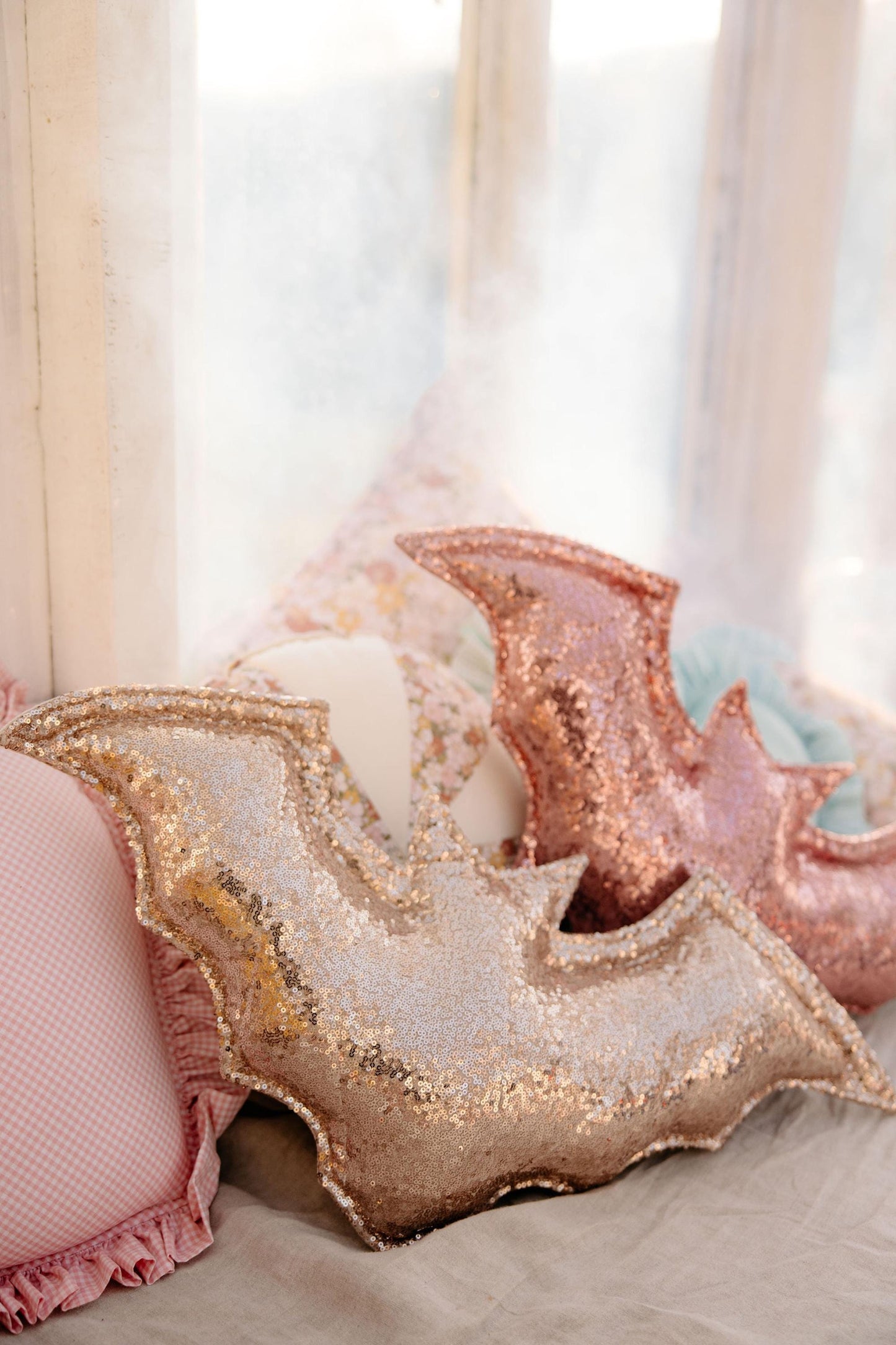 "Rose Gold Sequins" Halloween Bat Pillow