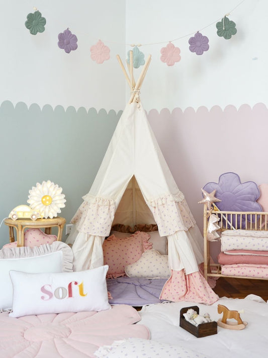 "Forget-me-not" Teepee Tent with Frills and "Light Pink Lily" Flower Mat Set