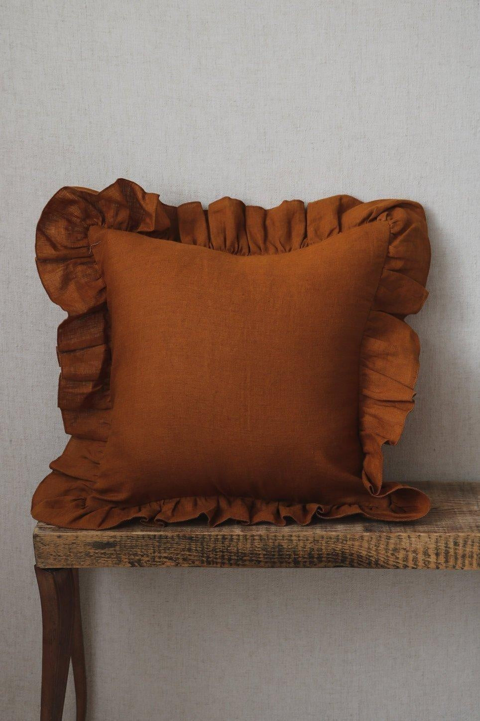 “Caramel” Linen Pillow Cover with Frill