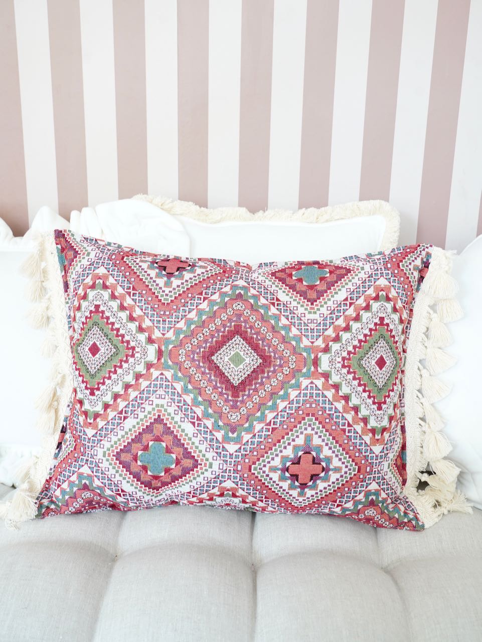 "Pink boho style" Pillow with Fringe