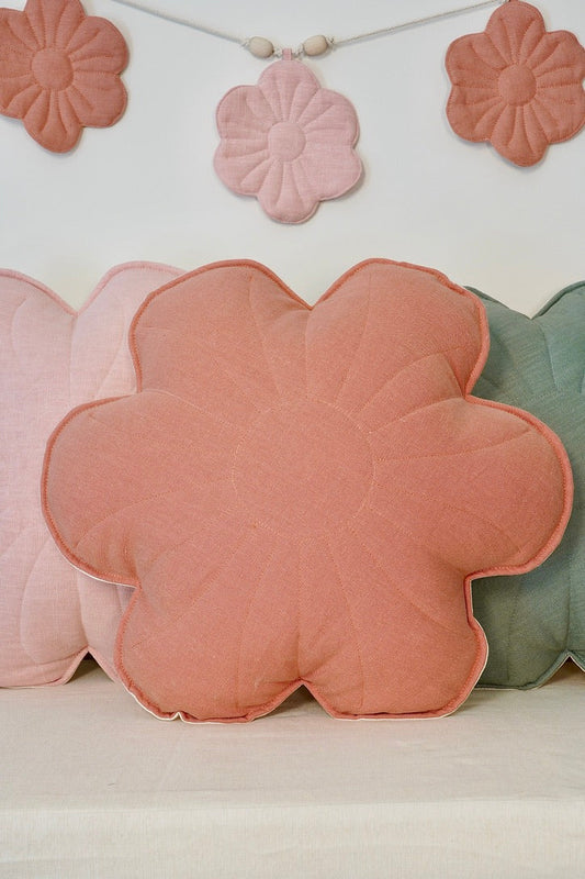 Linen "Coral Pink Dahlia" Flower Pillow